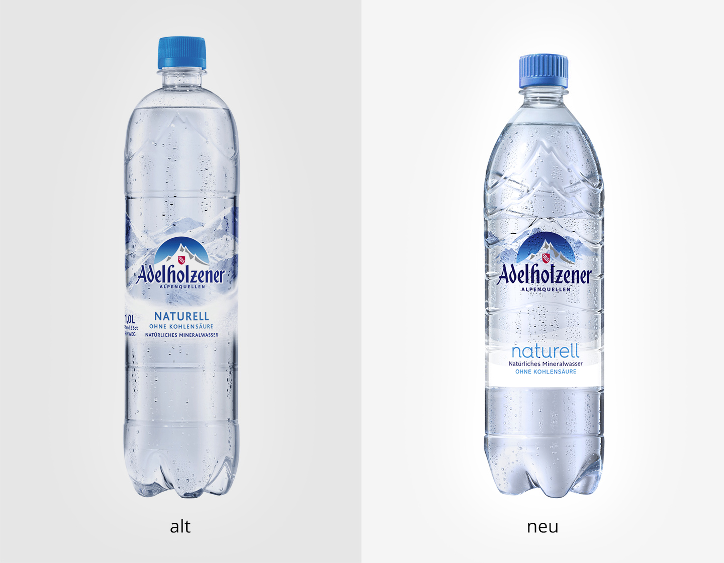 Adelholzener Mineralwasser alte und neue Flasche